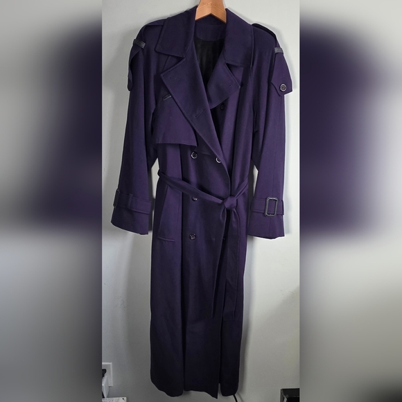 HOLLY’S Saxonia 100% Virgin Wool Long Trench Coat Purple Belted Vintage England - Picture 2 of 14